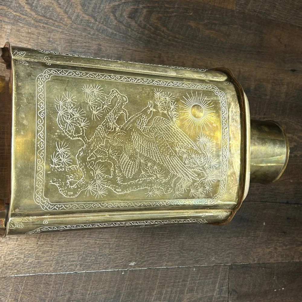 Vintage Large Etched Brass Chinoiserie Tea Caddy Canister Hong Kong Birds Bamboo